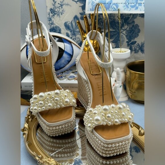 🆕 GIANNI BINI 🧿 NWOB Savanna Pearl Ornamented Platform Wedge Sandals, Sz 7.5 - Picture 5 of 12